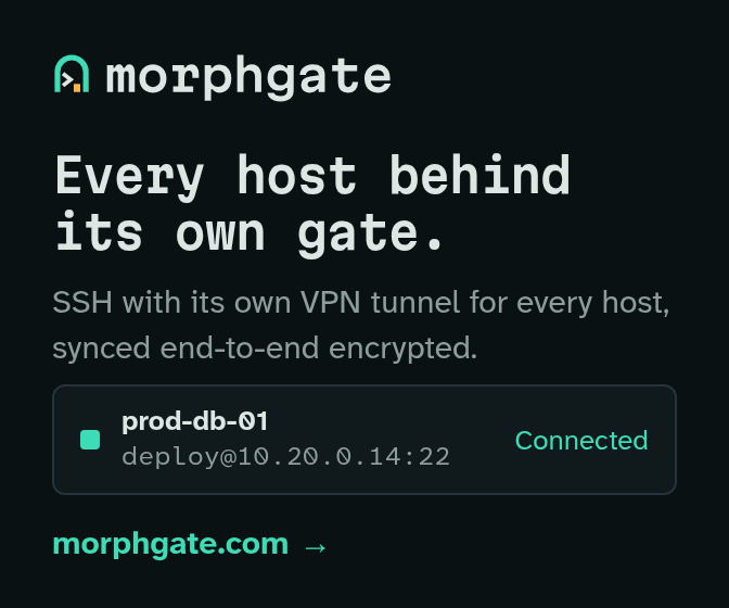 MorphGate: every host behind its own gate. SSH with its own VPN tunnel for every host, synced end-to-end encrypted.