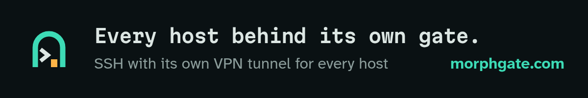 MorphGate: every host behind its own gate. SSH with its own VPN tunnel for every host, synced end-to-end encrypted.